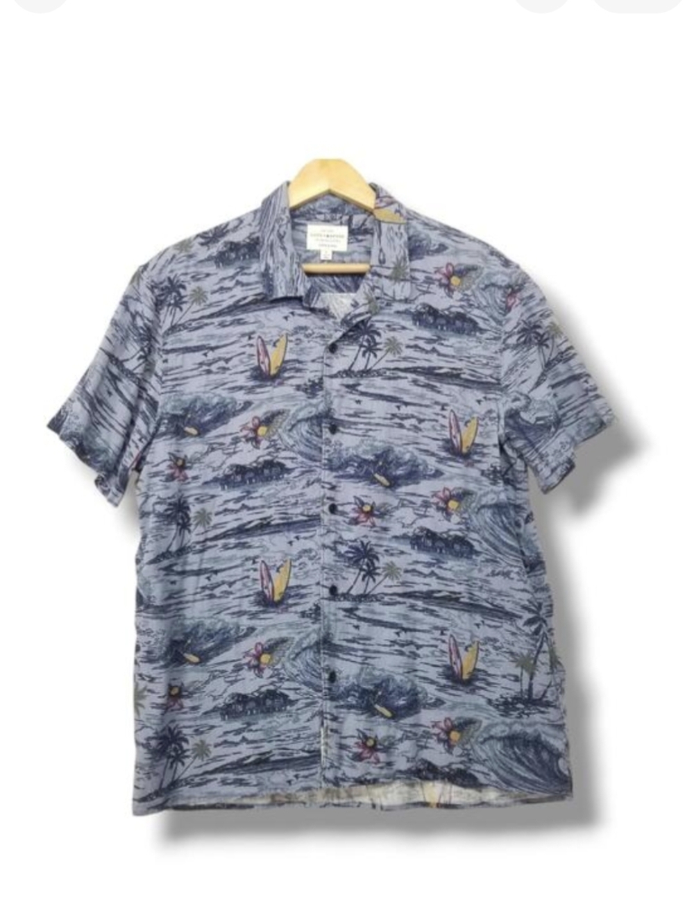 Lucky Brand Linen Blend Hawaiian Shirt Mens Large Blue Tropical Vacation